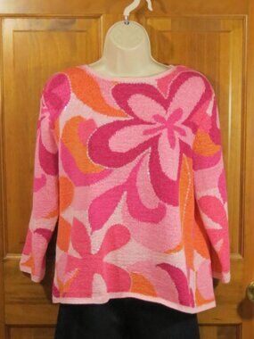 VTG Northern Isles Floral Sweater Pink Orange Sequn Retro Mod Knit Top Size L
